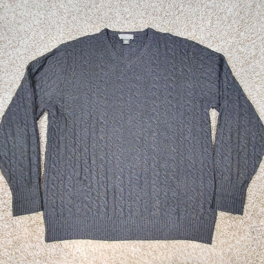 Daniel Cremieux 100% Cashmere Sweater Mens Large Dark Gray Cable Knit V-Neck